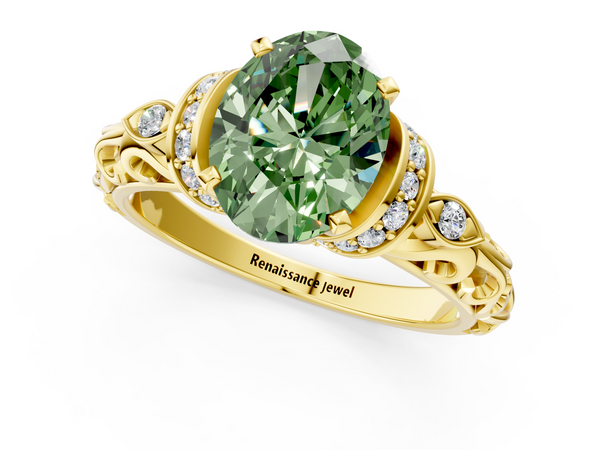 Yellow gold Fancy Green Oval Cut Diamond Solitaire Ring with Filigree Band and Four-Prong Setting