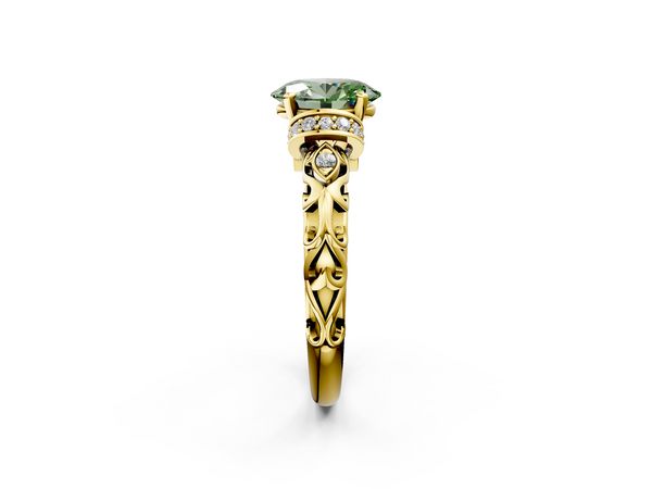 Yellow gold Fancy Green Oval Cut Diamond Solitaire Ring with Filigree Band and Four-Prong Setting