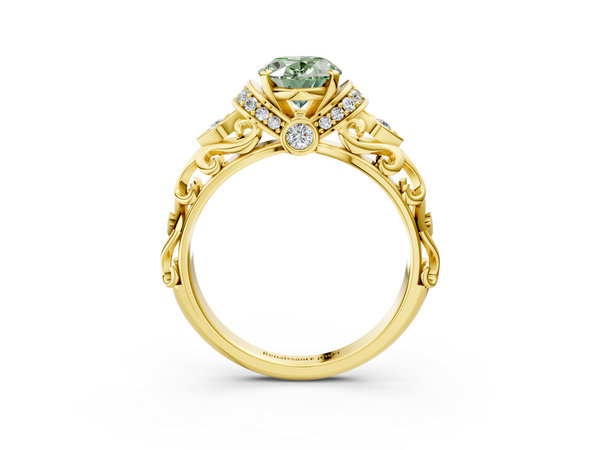 Yellow gold Fancy Green Oval Cut Diamond Solitaire Ring with Filigree Band and Four-Prong Setting
