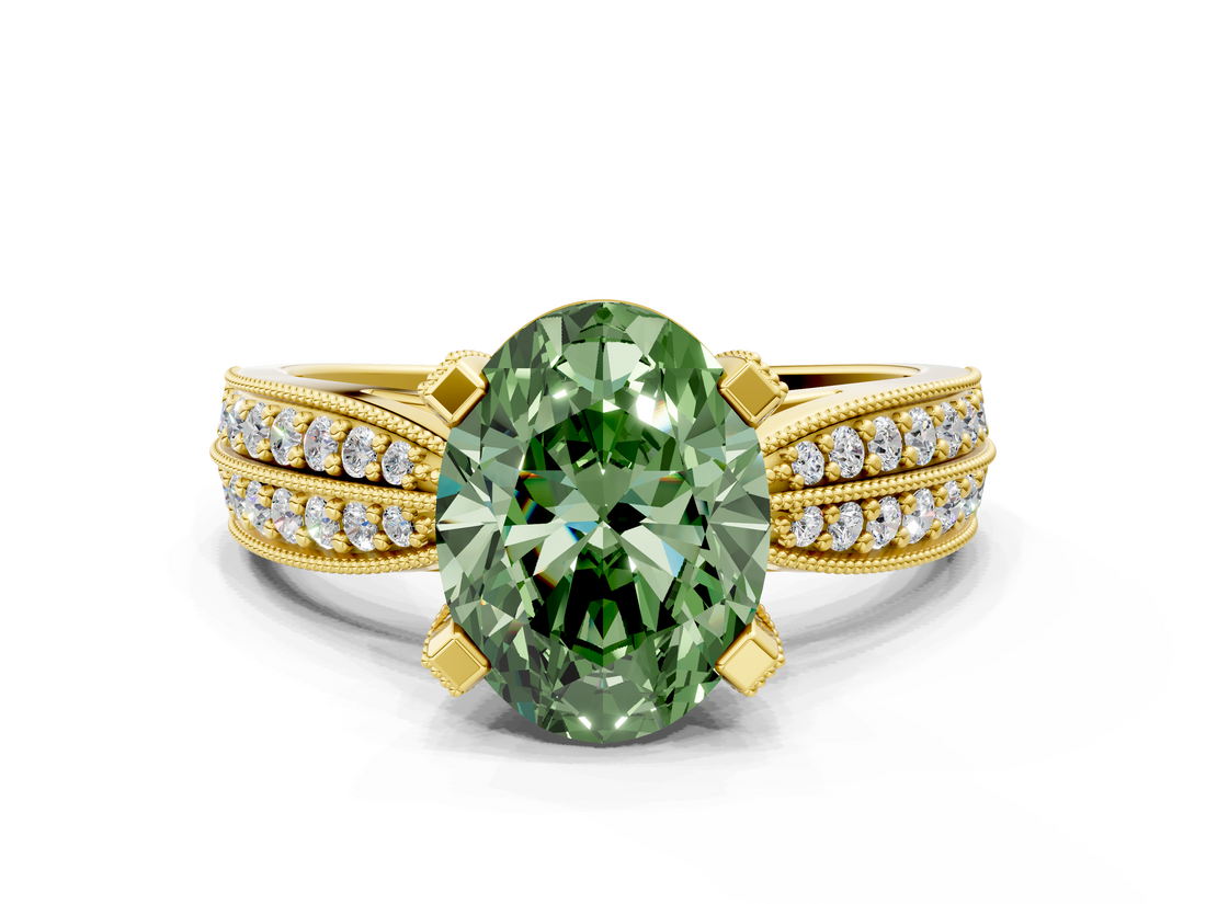 Yellow gold Fancy Green Oval  Solitaire Diamond Ring with Milgrain Pavé Band and Four-Prong Setting_20