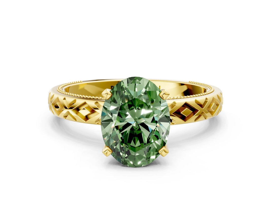 Yellow gold Fancy Green Oval  Solitaire Diamond Ring with Milgrain and Black Enamel X Pattern Band_210
