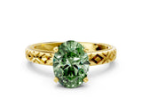 Yellow gold Fancy Green Oval  Solitaire Diamond Ring with Milgrain and Black Enamel X Pattern Band_210