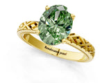 Yellow gold Fancy Green Oval  Solitaire Diamond Ring with Milgrain and Black Enamel X Pattern Band_211