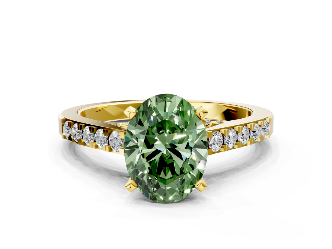Yellow gold Fancy Green Oval  Solitaire Diamond Ring with Pavé Band and Four-Prong Setting_84