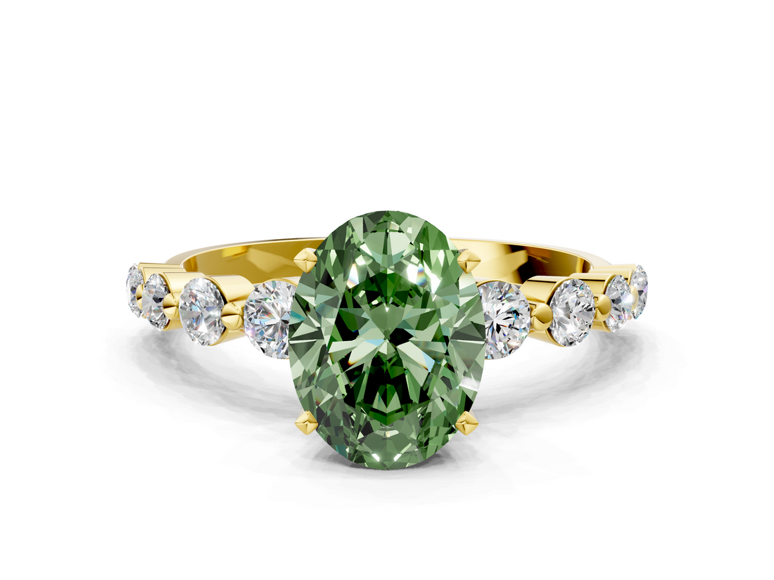 Yellow gold Fancy Green Oval  Solitaire Diamond Ring with Pave Band and Four-Prong Setting_271