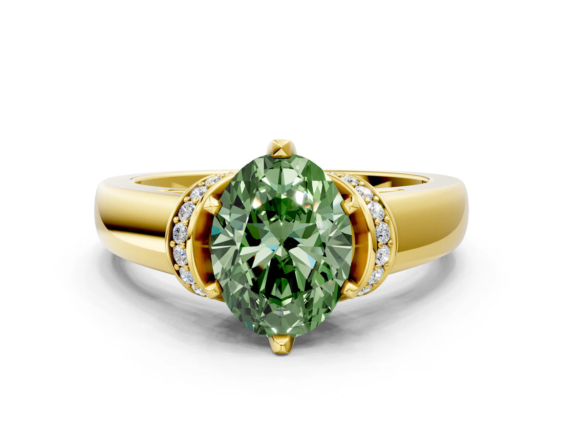 Yellow gold Fancy Green Oval  Solitaire Diamond Ring with Pave Band and Six-Prong Setting_32