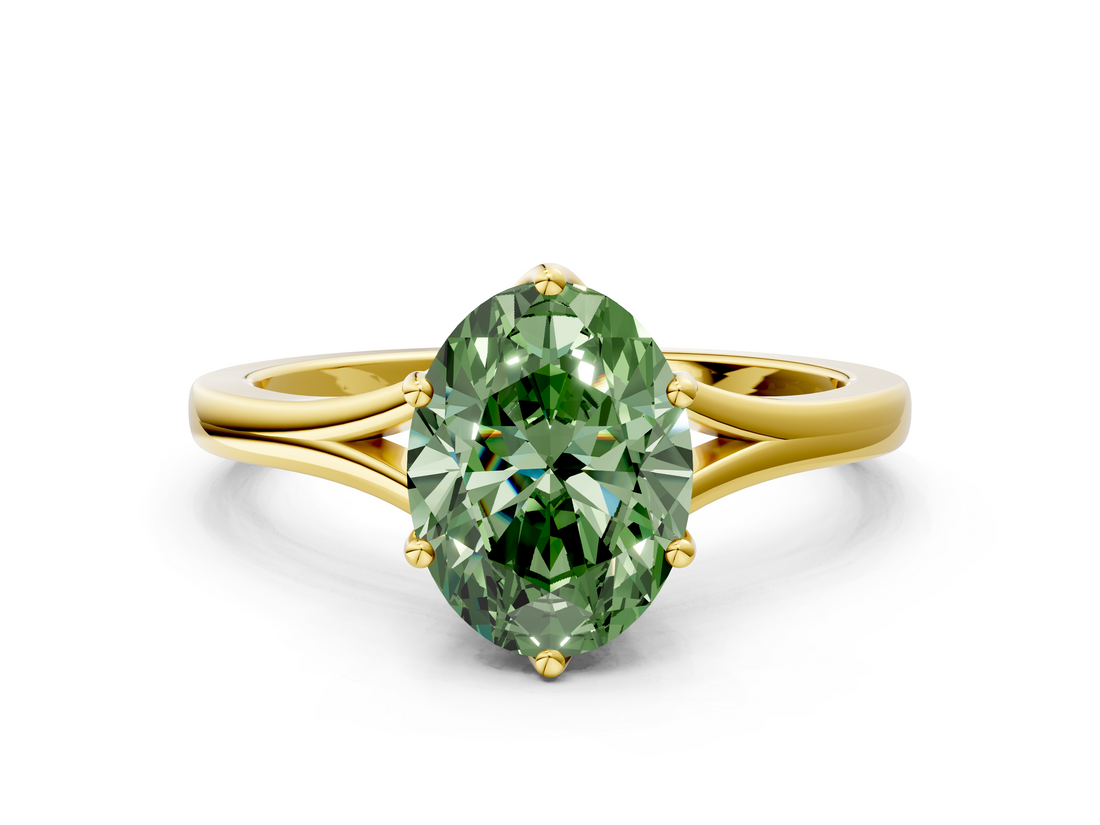 Yellow gold Fancy Green Oval  Solitaire Diamond Ring with Six-Prong Setting and Tapered Band_17