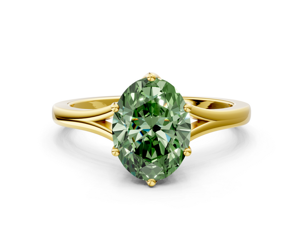 Yellow gold Fancy Green Oval  Solitaire Diamond Ring with Six-Prong Setting and Tapered Band