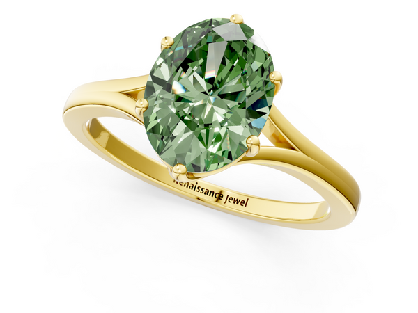 Yellow gold Fancy Green Oval  Solitaire Diamond Ring with Six-Prong Setting and Tapered Band