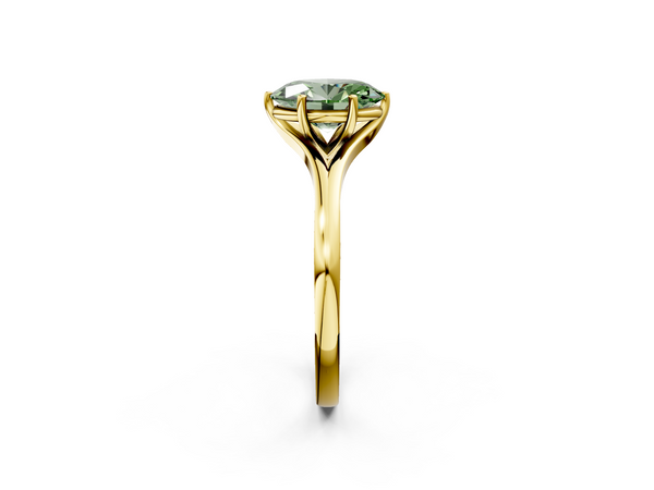 Yellow gold Fancy Green Oval  Solitaire Diamond Ring with Six-Prong Setting and Tapered Band