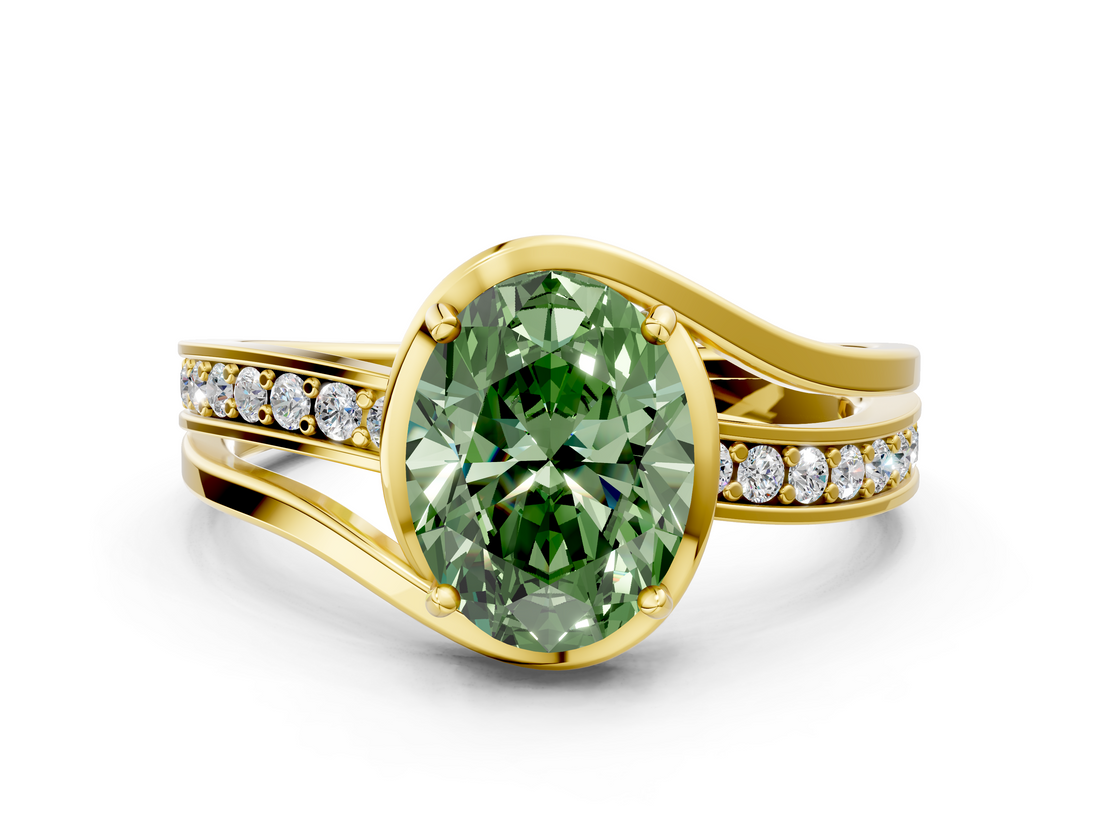 Yellow gold Fancy Green Oval  Solitaire Diamond Ring with Split Shank and Prong Setting_42