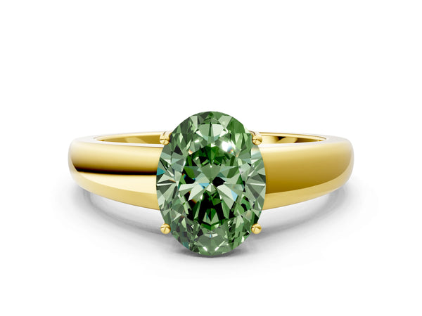 Yellow gold Fancy Green Oval  Solitaire Diamond Ring with Tapered Band and Four-Prong Setting