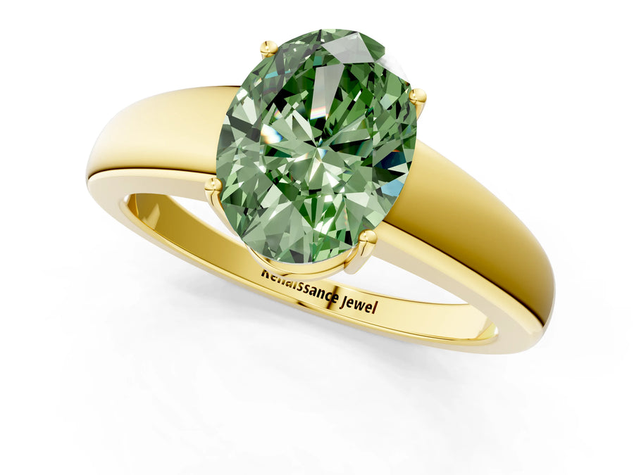 Yellow gold Fancy Green Oval  Solitaire Diamond Ring with Tapered Band and Four-Prong Setting