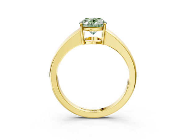 Yellow gold Fancy Green Oval  Solitaire Diamond Ring with Tapered Band and Four-Prong Setting