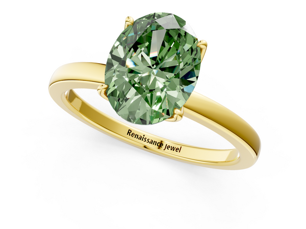 Yellow gold Fancy Green Oval  Solitaire Diamond Ring with Thin Band and Four-Prong Setting