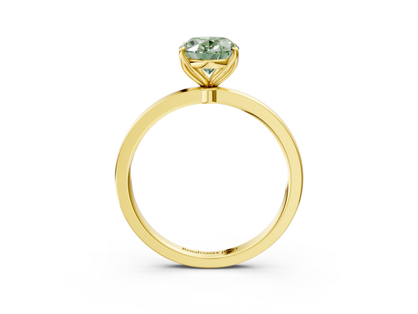 Yellow gold Fancy Green Oval  Solitaire Diamond Ring with Thin Band and Four-Prong Setting