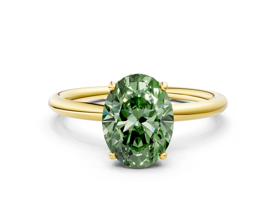 Yellow gold Fancy Green Oval  Solitaire Diamond Ring with a Classic Band and Four-Prong Setting 1