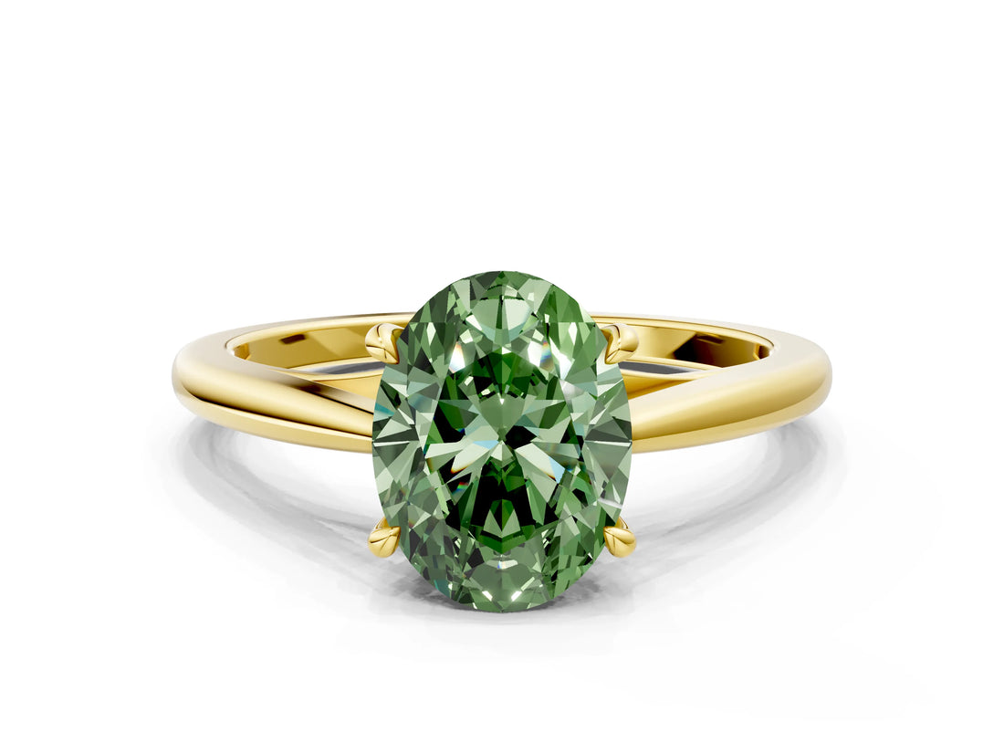 Yellow gold Fancy Green Oval  Solitaire Engagement Ring with Four-Prong Setting and Classic Band 1