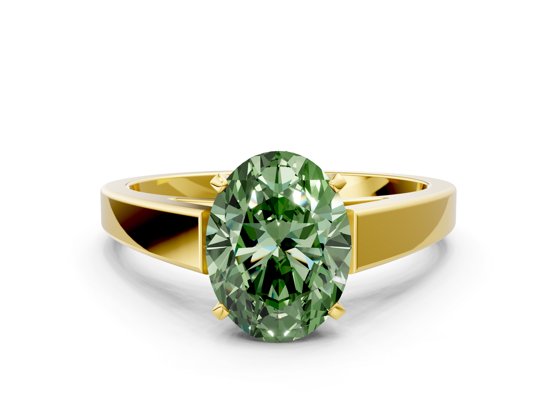 Yellow gold Fancy Green Oval  Solitaire Engagement Ring with Four-Prong Setting and Tapered Band_3