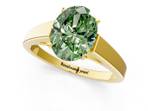 Yellow gold Fancy Green Oval  Solitaire Engagement Ring with Four-Prong Setting and Tapered Band
