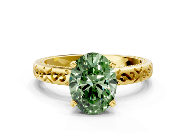 Yellow gold Fancy Green Oval  Solitaire Engagement Ring with Scrollwork Band and Four-Prong Setting