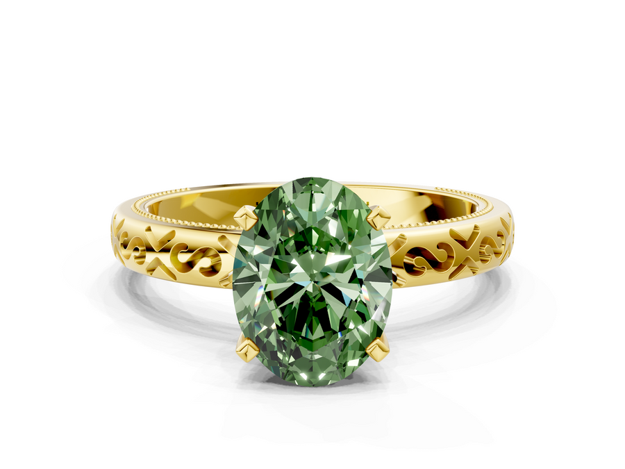 Yellow gold Fancy Green Oval  Solitaire Engagement Ring with Scrollwork Band and Four-Prong Setting