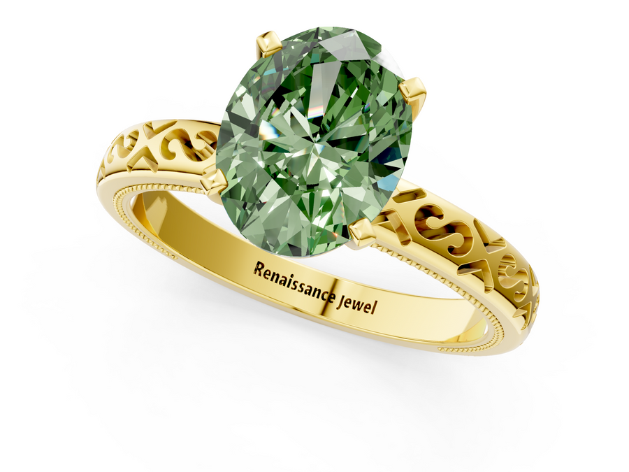 Yellow gold Fancy Green Oval  Solitaire Engagement Ring with Scrollwork Band and Four-Prong Setting