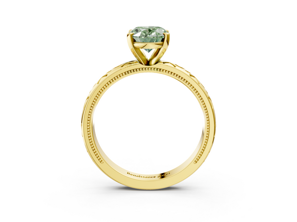 Yellow gold Fancy Green Oval  Solitaire Engagement Ring with Scrollwork Band and Four-Prong Setting