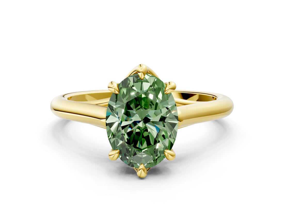Yellow gold Fancy Green Oval  Solitaire Engagement Ring with Six-Prong Setting and Classic Band 1