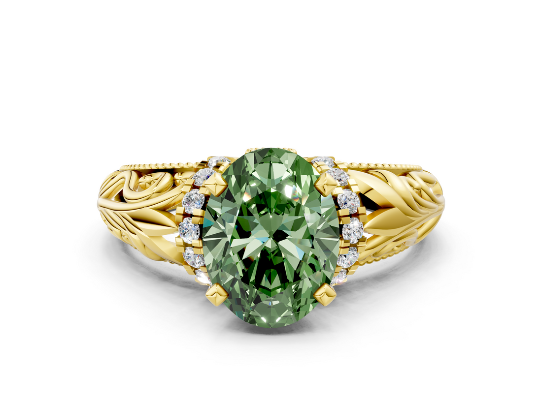 Yellow gold Fancy Green Oval  Solitaire Filigree Engagement Ring with Halo and Prong Setting_46