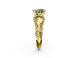 Yellow gold Fancy Green Oval  Solitaire Filigree Engagement Ring with Halo and Prong Setting_48