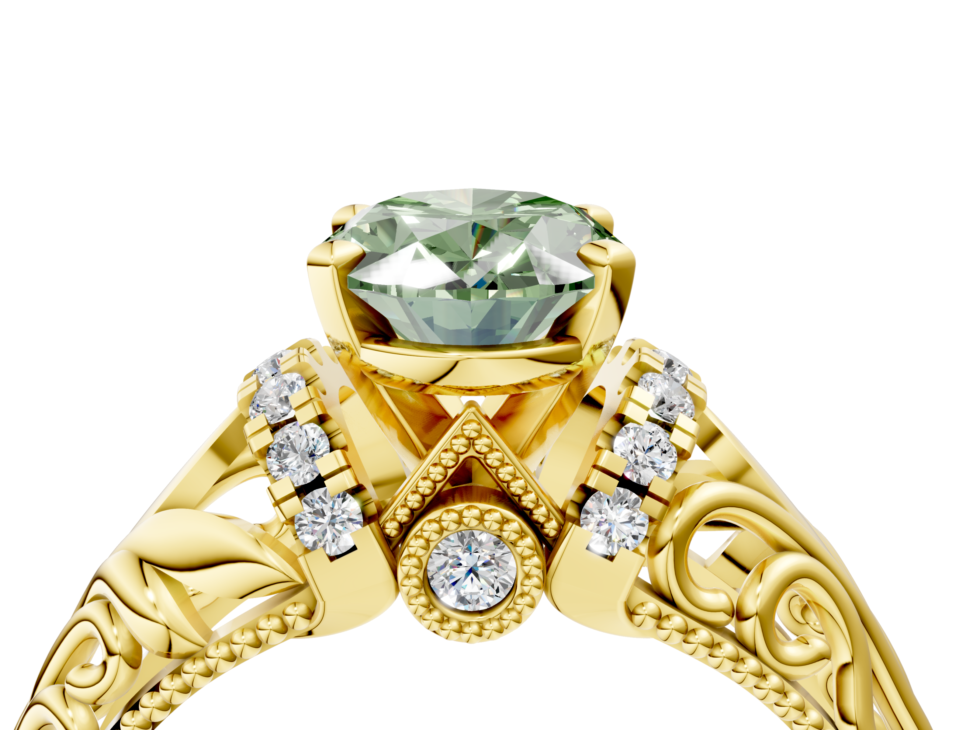 Yellow gold Fancy Green Oval  Solitaire Filigree Engagement Ring with Halo and Prong Setting_50