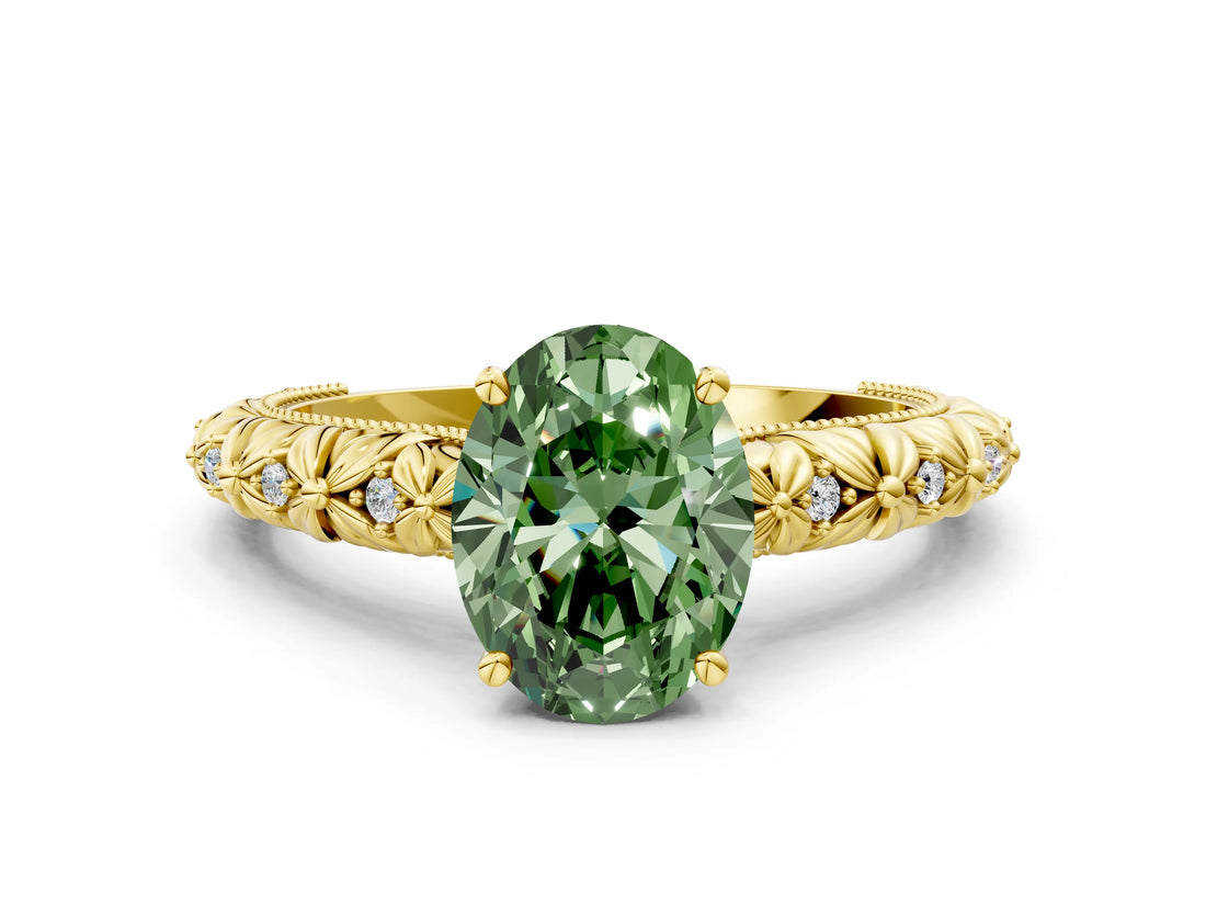 Yellow gold Fancy Green Oval  Solitaire Floral Milgrain Engagement Ring_55
