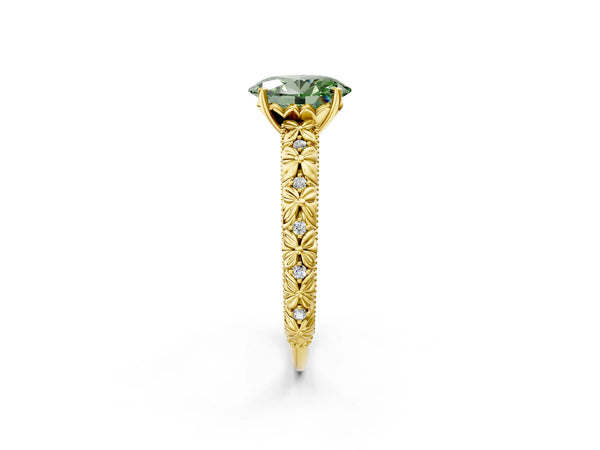 Yellow gold Fancy Green Oval  Solitaire Floral Milgrain Engagement Ring