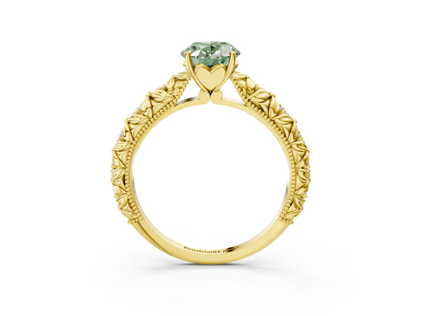 Yellow gold Fancy Green Oval  Solitaire Floral Milgrain Engagement Ring