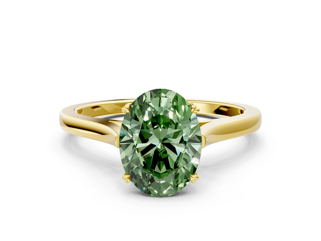 Yellow gold Fancy Green Oval  Solitaire Heart Prong Engagement Ring with Tapered Band_55