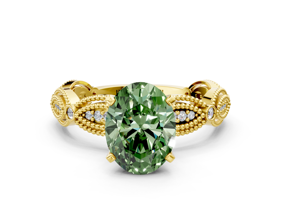 Yellow gold Fancy Green Oval  Solitaire Milgrain Diamond Engagement Ring with Bezel and Marquise Band_148