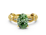 Yellow gold Fancy Green Oval  Solitaire Milgrain Diamond Engagement Ring with Bezel and Marquise Band_148