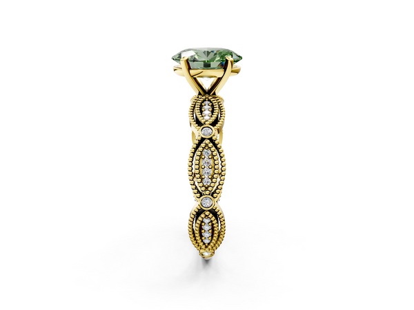Yellow gold Fancy Green Oval  Solitaire Milgrain Diamond Engagement Ring with Bezel and Marquise Band