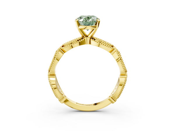 Yellow gold Fancy Green Oval  Solitaire Milgrain Diamond Engagement Ring with Bezel and Marquise Band