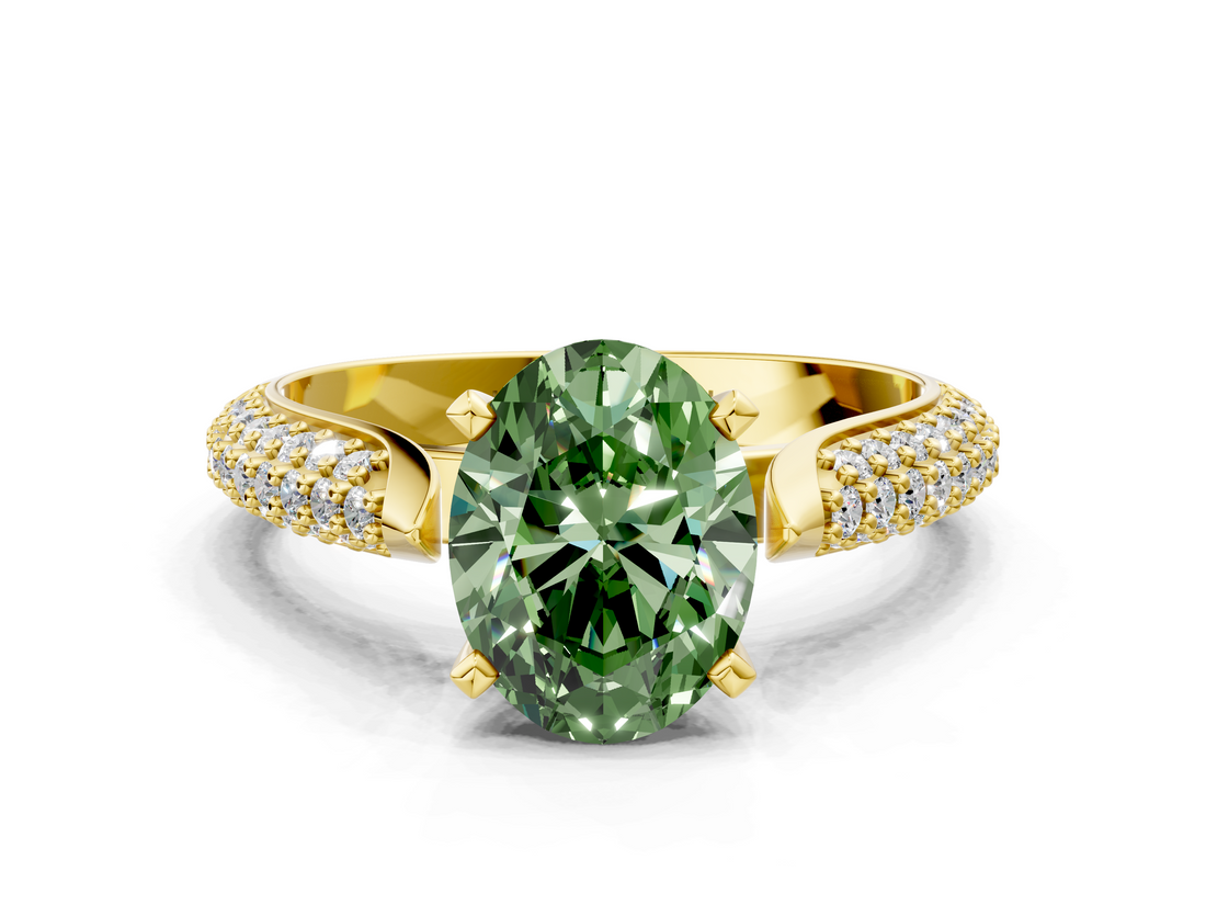 Yellow gold Fancy Green Oval  Solitaire Pavé Diamond Engagement Ring with Four-Prong Setting_134