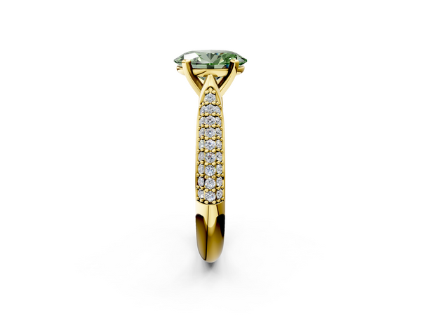 Yellow gold Fancy Green Oval  Diamond Solitaire Engagement Ring with Pavé Band and Four-Prong Setting