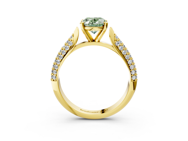 Yellow gold Fancy Green Oval  Diamond Solitaire Engagement Ring with Pavé Band and Four-Prong Setting