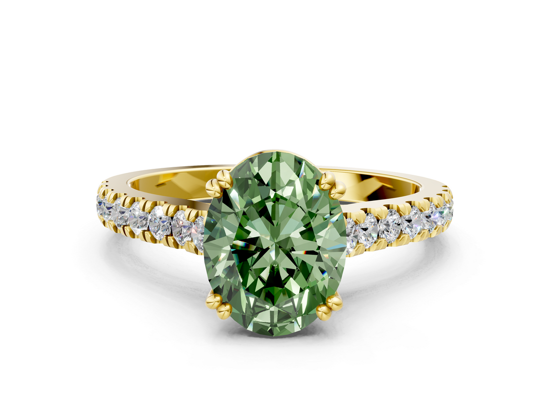 Yellow gold Fancy Green Oval  Solitaire Pave Diamond Engagement Ring with Prong Setting_20