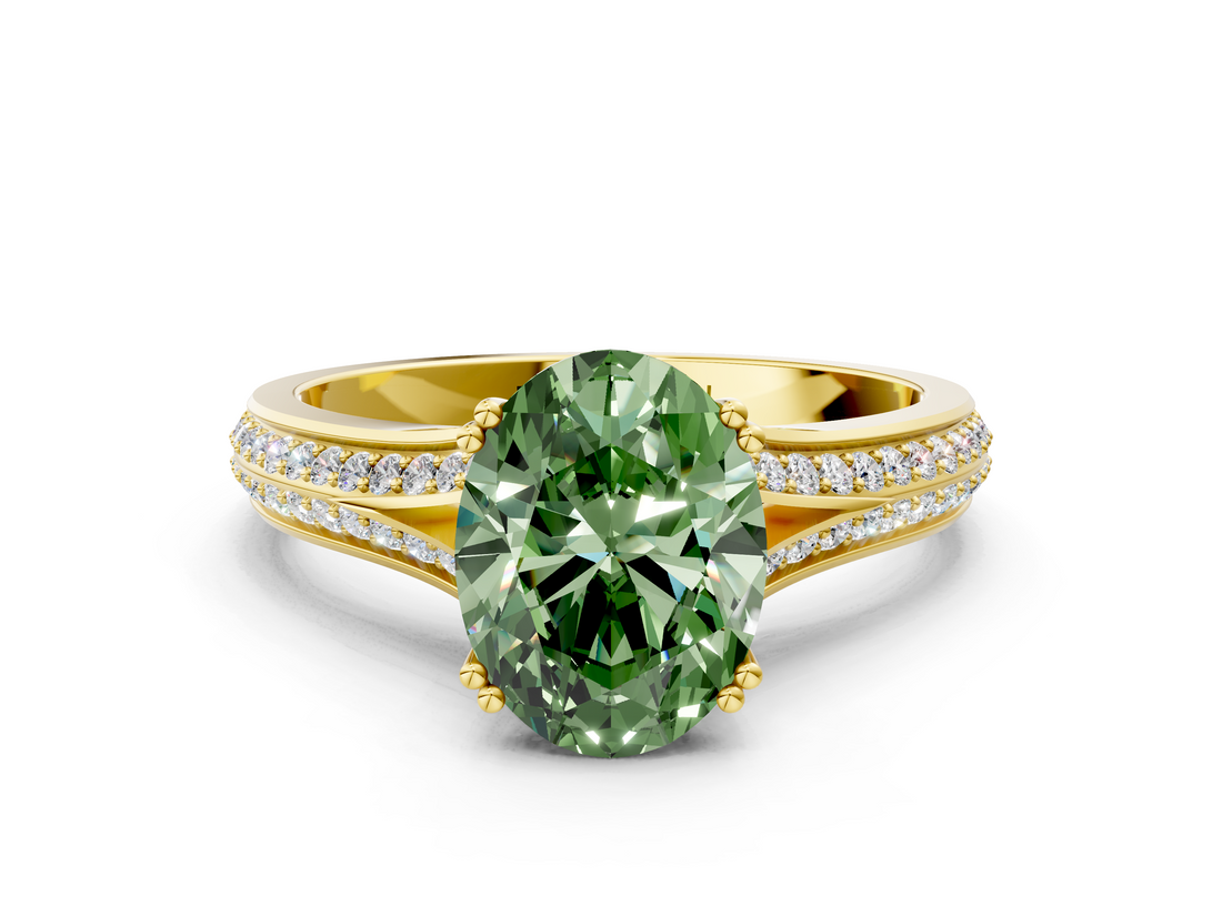 Yellow gold Fancy Green Oval  Solitaire Pave Split Shank Engagement Ring with Six-Prong Setting_37