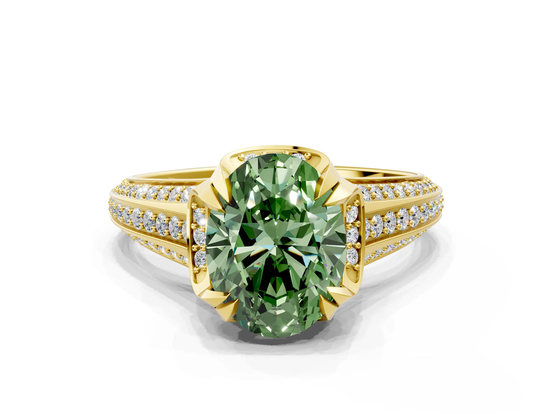 Yellow gold Fancy Green Oval  Solitaire Pave Split Shank Ring with Four-Prong Setting_156