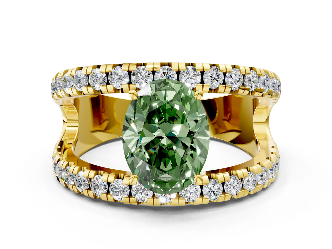 Yellow gold Fancy Green Oval  Solitaire Split Shank Pave Diamond Ring_49