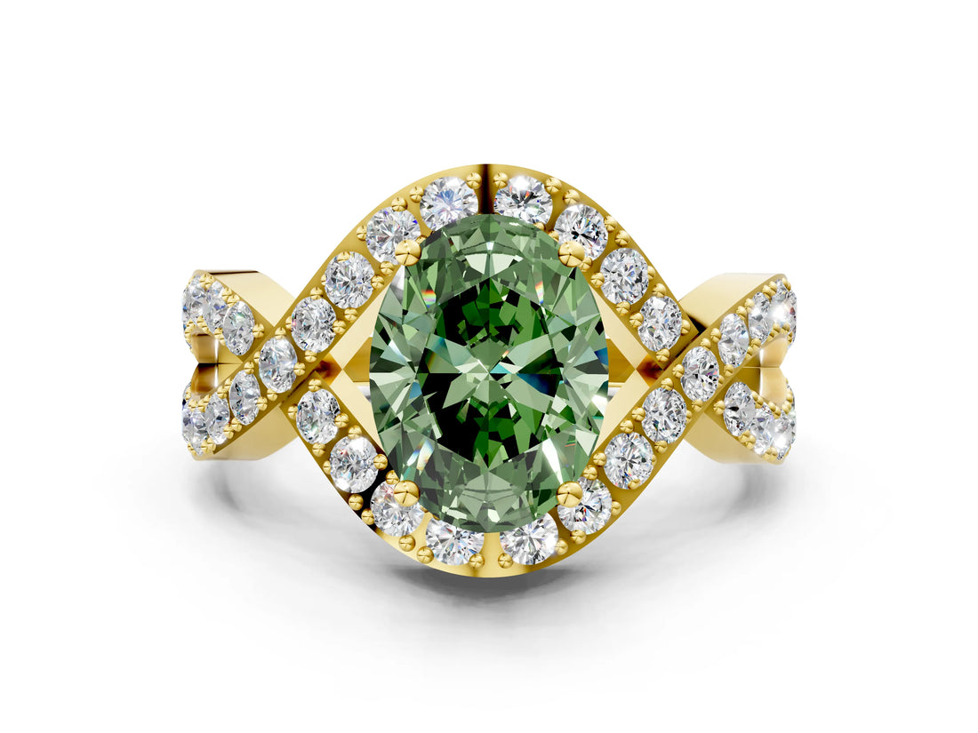 Yellow gold Fancy Green Oval  Solitaire Twist Band Pavé Diamond Engagement Ring_32
