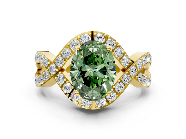 Yellow Gold Oval Infinity Twist Engagement Ring Setting for Fancy Green Center with Pave Ribbons