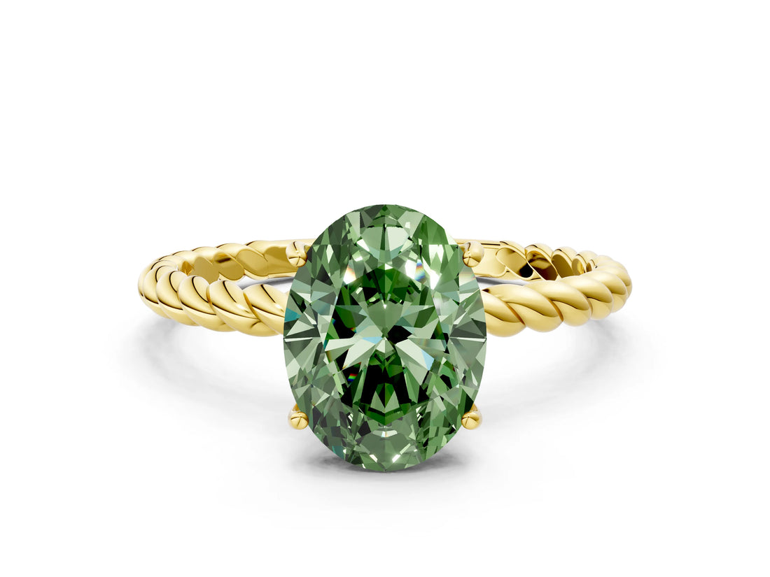Yellow gold Fancy Green Oval  Solitaire Twist Band Ring with Four-Prong Setting_68